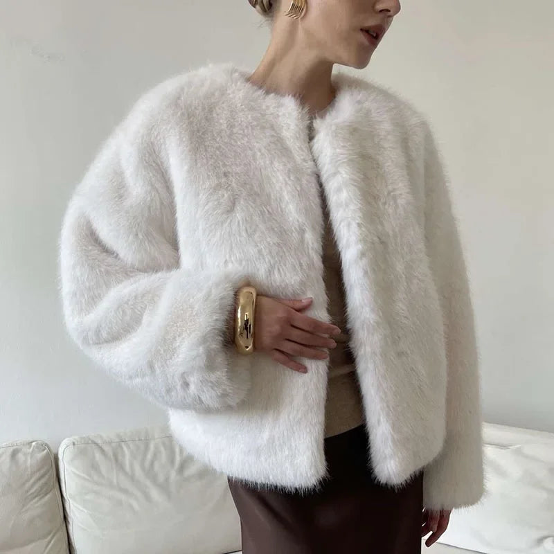 maoxiangshop - Elegant Faux Fur Women Coat Thicken Full Sleeve O Neck Lady Short Jacket 2024 Autumn Winter Warm Highstreet Female Outwear
