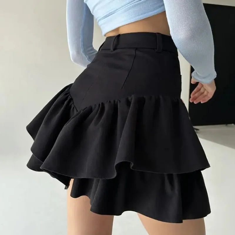maoxiangshop - Black Mini Skirt Women Korean Fashion High Waist A-line Cute Sexy Layered Ruffles Skirt Shorts Summer Streetwear Casual