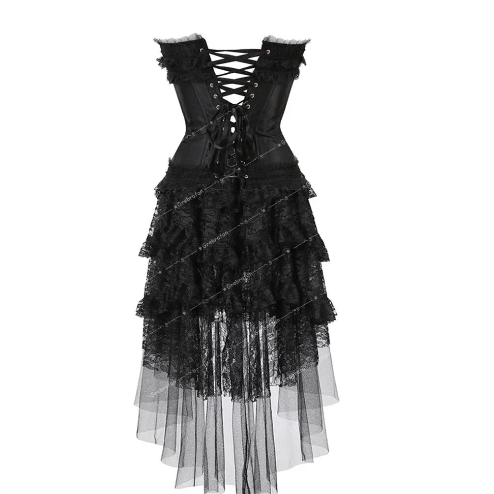 maoxiangshop - Corset Dress Steampunk Lace Trim Bustier with Long Tulle Skirt Carnival Party Night Costumes Plus Size Halloween Outfits Women