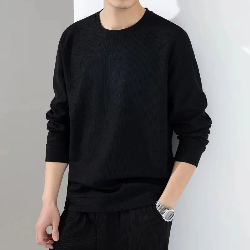 maoxiangshop Autumn Hoodies Men New Fashion Casual Slim Fit Waffle Round Neck Sweatshirts Men's Fashion Long Sleeve Undershirts