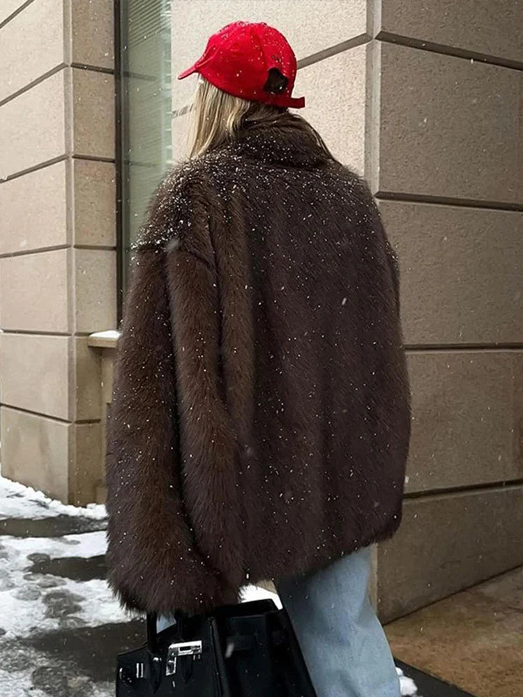maoxiangshop - Solid Faux Fur Women Overcoat Lapel Thicken Warm Lady Jacket 2024 Fashion Elegant Autumn Winter All Match Loose Female Coat