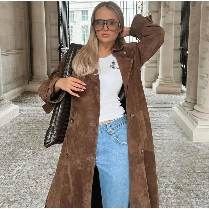 maoxiangshop - Female Retro Jacket Elegant Brown Belted Waist Long Coat Double Breasted High Street Autumn Fashion Full Sleeve Outwear