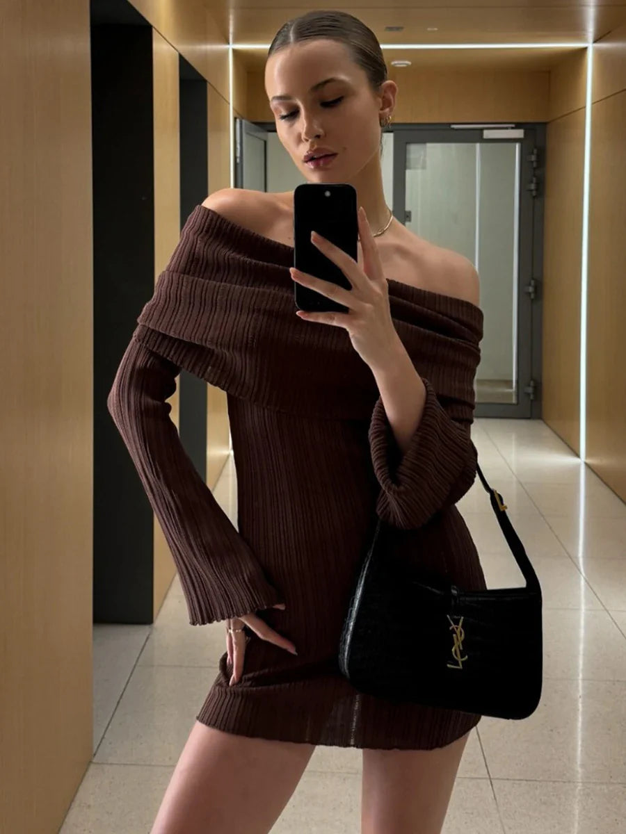 maoxiangshop - Off Shoulder Sexy Slim Mini Dress Women Autumn New Strapless Long Sleeve Solid Knitted Dresses 2024 Elegant Fashion A-line Dress