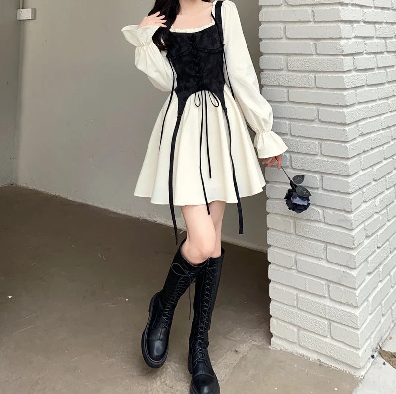 maoxiangshop Spring Autumn Vintage Patchwork Y2k Sweet Kawaii Party Dresses for Women Casual Lace Up Bow Harajuku Long Sleeve Club Mini Dress