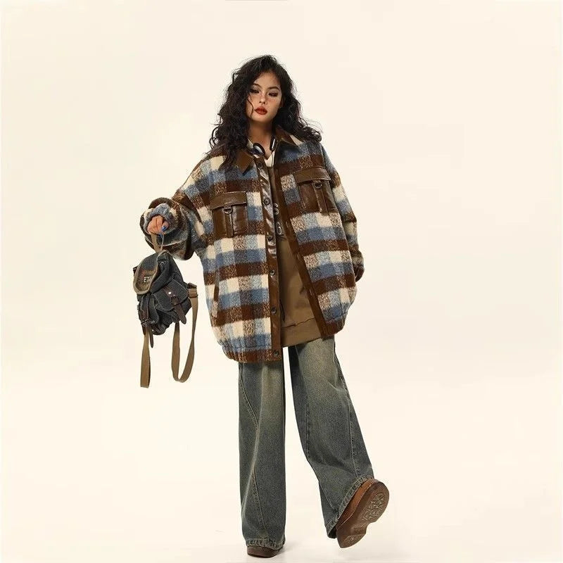 maoxiangshop - 2024 American Retro Casual Woolen Patchwork Leather Jacket For Women In Autumn Winter Maillard Atmosphere Woolen Plaid Jacket