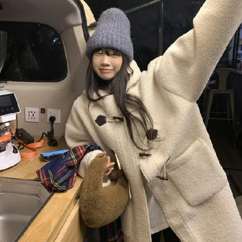 maoxiangshop - Casual Fluffy Lamb Wool Long Coats Women Warm Loose Horn Button Pockets Solid Coat Female Winter Elegant Chic Streetwear