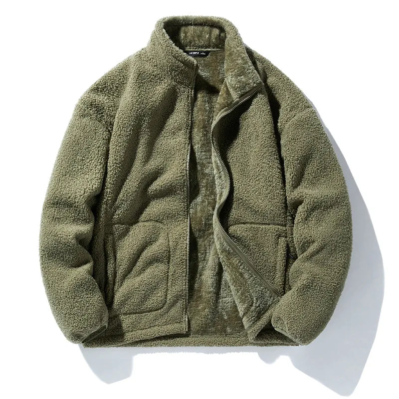 maoxiangshop Winter Fleece Jackets Men Solid Color Loose Casual Warm Coat Mens Stand Collar Outerwear Jacket Harajuku Streetwear Plus Size