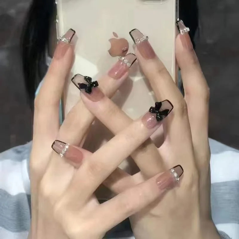 maoxiangshop 24pcs Wearable Pink Press On Fake Nails Tips With Glue false nails design Butterfly Lovely Girl false nails With Wearing Tools