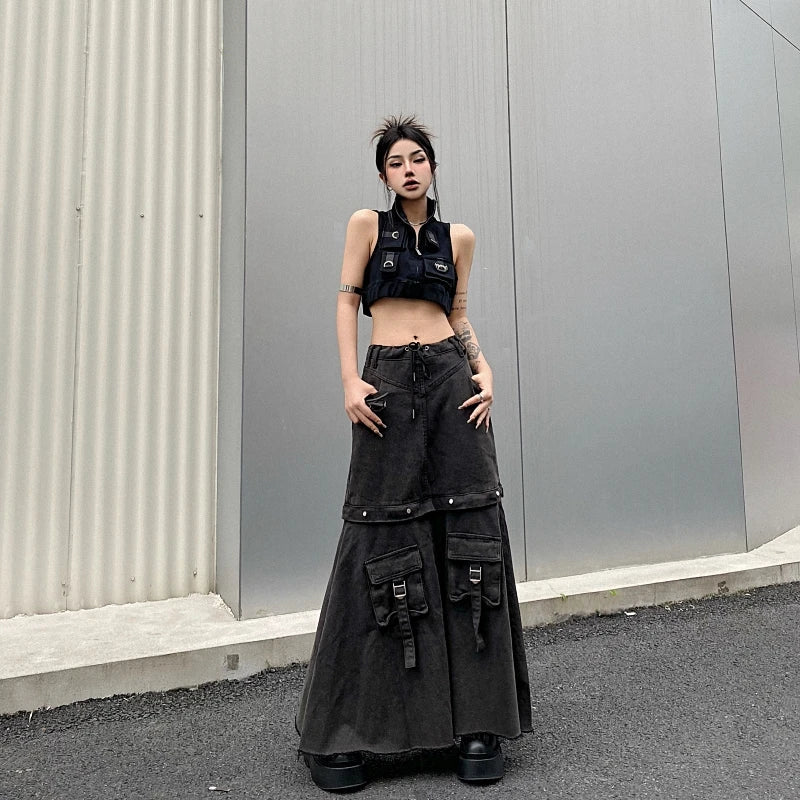 Spring Women Vintage Baggy Streetwear Denim Skirt Grunge 00S High Waist Y2K High Street Basic A-Line Lady Pockets Skirt