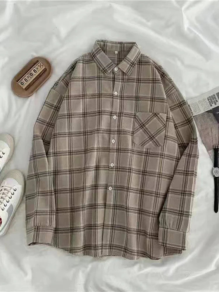 maoxiangshop Vintage Women Plaid Shirts Autumn Long Sleeve Oversize Button Up Tops Korean Loose Casual Fall Outwear Femme Shirts