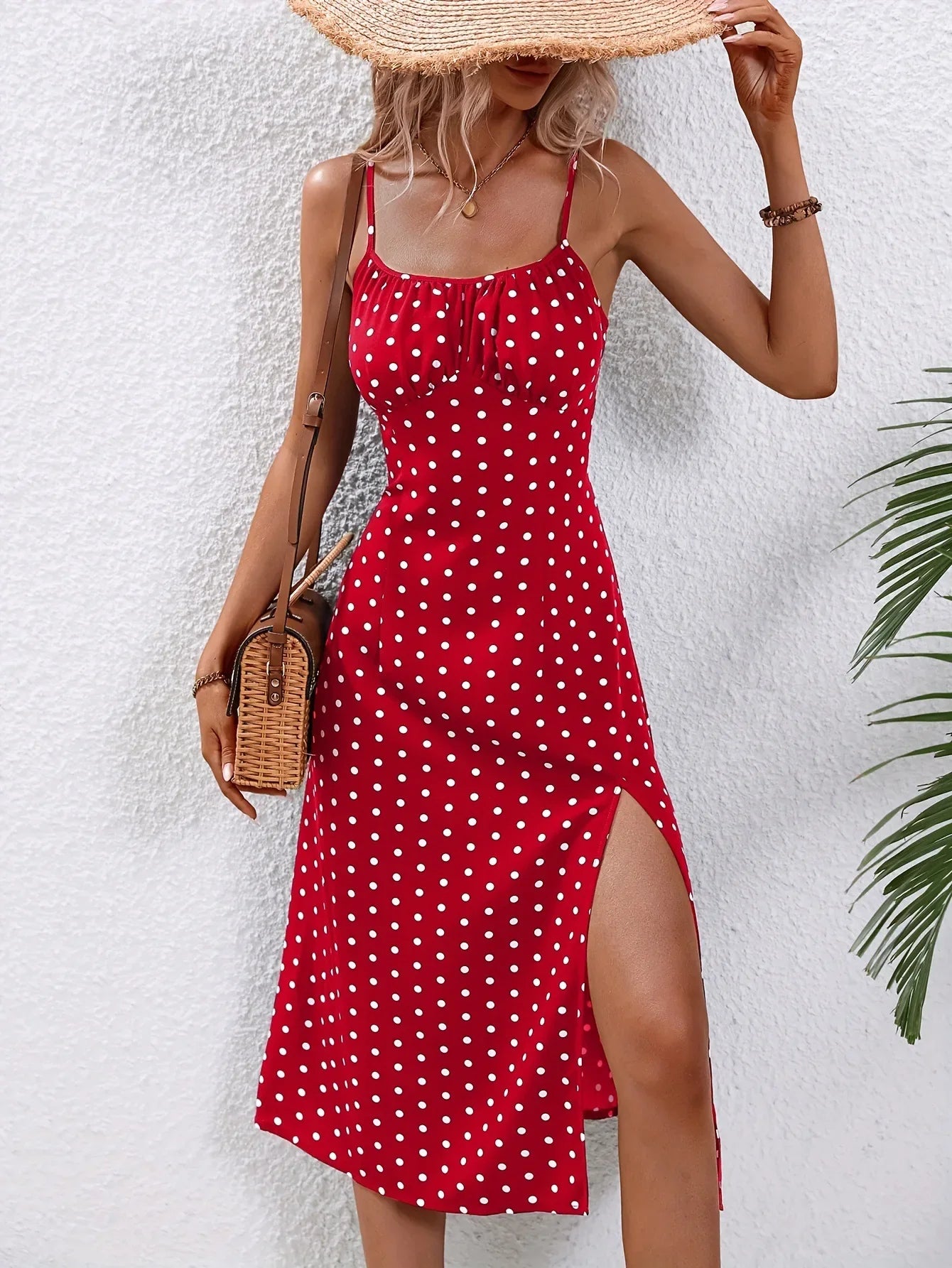 maoxiangshop 2024 Women Floral Print Spaghetti Straps Summer Boho Beach Dress Print Elegant Suspenders Square Neck Slit Dress Vestidos