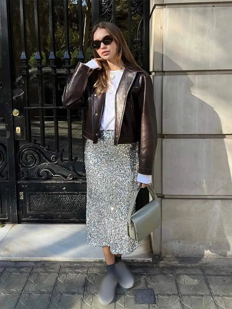 maoxiangshop - Fashion Pu Leather Brown Lapel Jacket Casual Long Sleeve Single Breasted Office Coat 2024 Autumn Chic High Street Lady Outwears