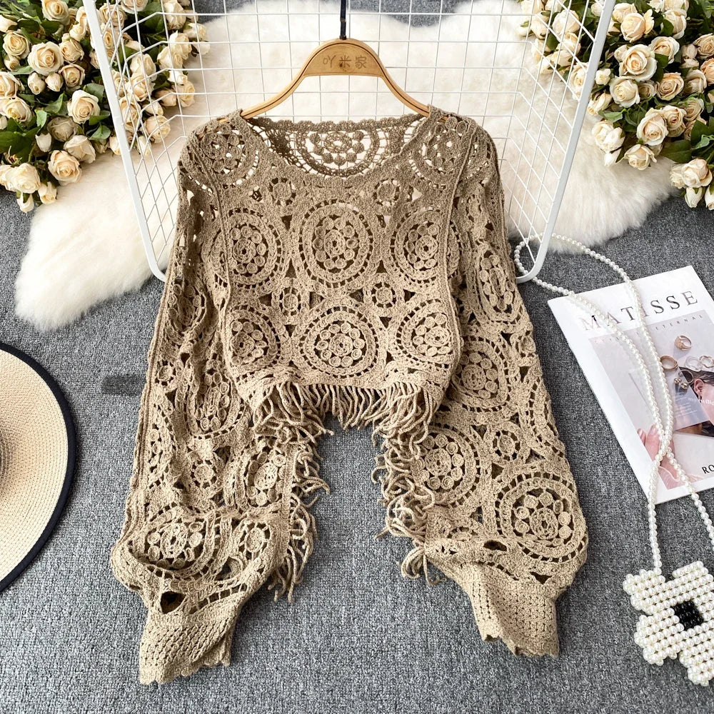 maoxiangshop Bohimian Sweater Women O-neck Lantern Sleeve Tassel Female Causal Crochet Tops Ladies Knitted Hollow Out Sweaters Dropshipping