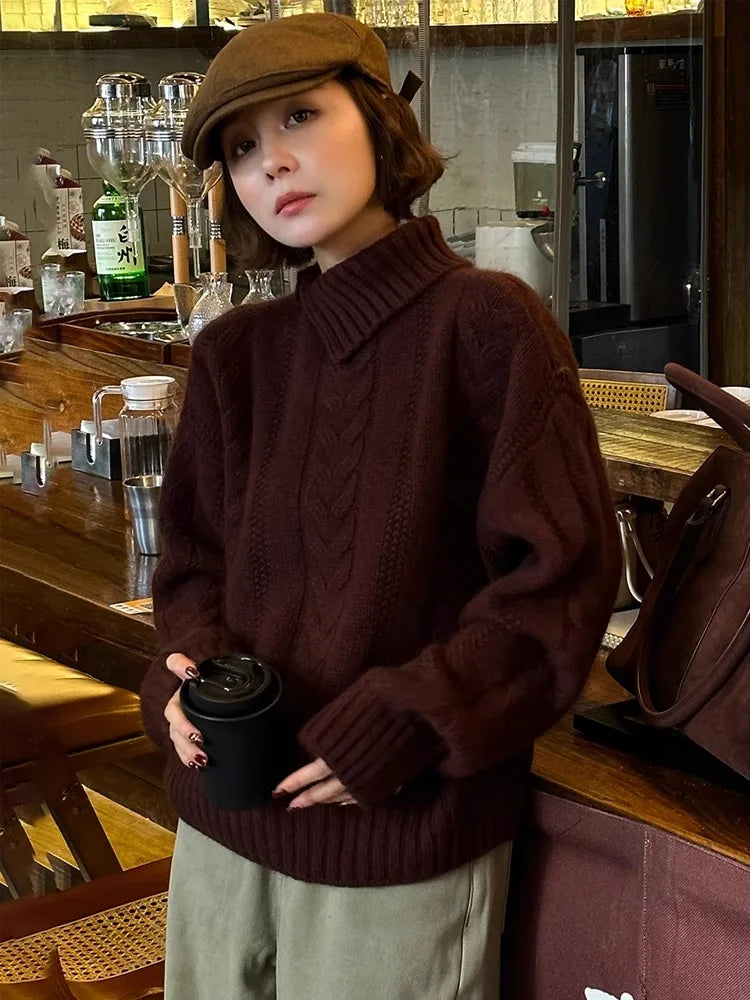 maoxiangshop - Irregular Neckline Fried Dough Twists Sweater Women's Autumn And Winter Temperament Semi High Collar Short Knitting Top