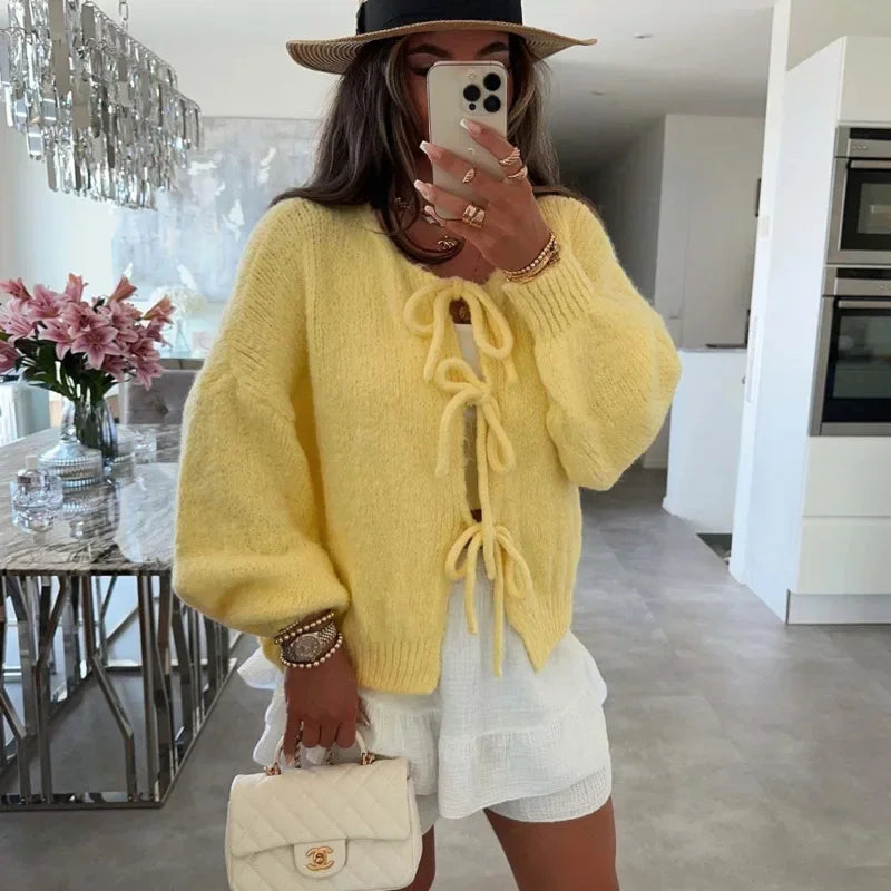 maoxiangshop - Fashion Lace Up Bow Knitted Cardigan Woman O Neck Long Sleeve Hollow Out Sweater Coat Autumn Female Casual High Street Knitwear