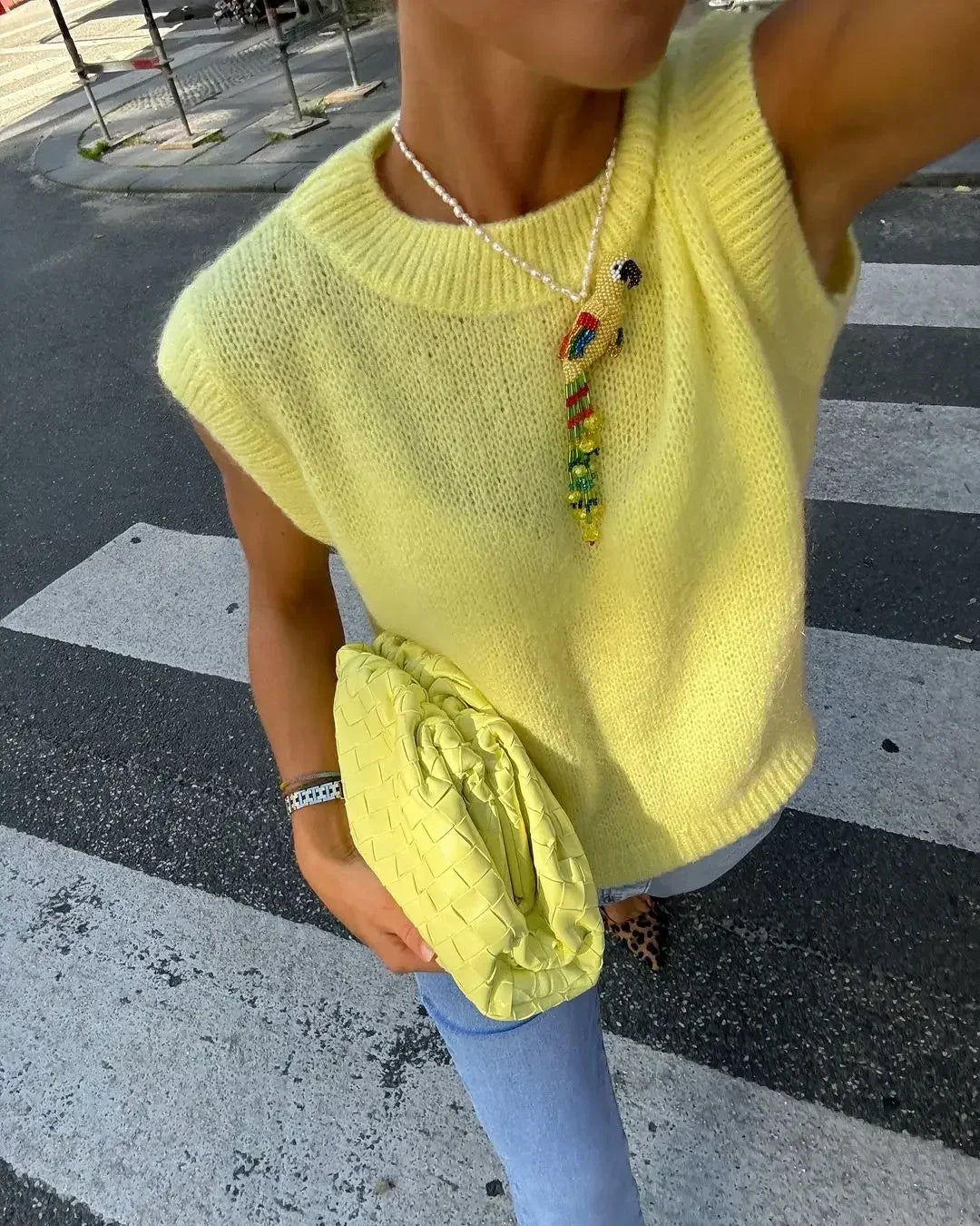 maoxiangshop - Casual Sleeveless Loose Knitted Pullover Tops Elegant Yellow O-neck Vests Women 2024 Autumn Female Commuting Jumper Sweaters