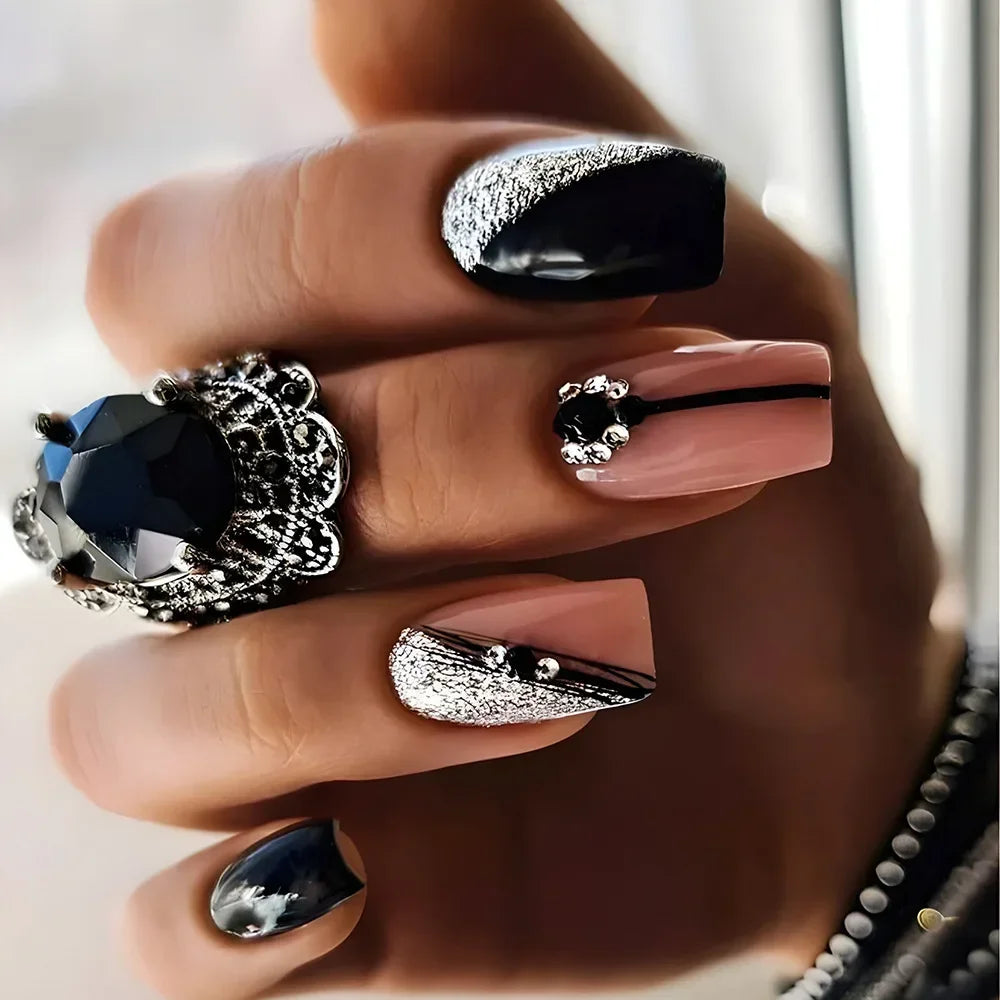 maoxiangshop 24Pcs Coffin False Nails Purple Butterfly Designs Fake Nails with Shiny Rhinestone Wearable French Full Cover Press on Nails