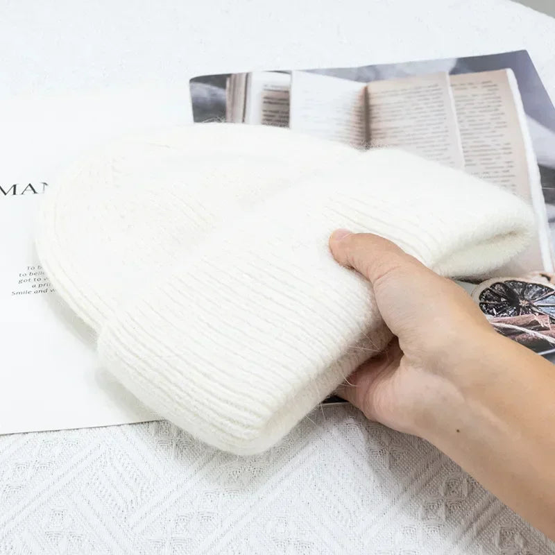 maoxiangshop 21colors Autumn Angola Rabbit Fur Knitted Beanies Winter Skullies Women's Hat Fashion Solid Warm Cashmere Wool Three Fold Thick