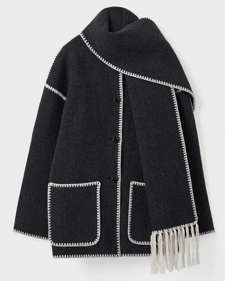 maoxiangshop - Fashion Loose Women Coat With Scarf Long Sleeve Pocket Single Breasted Female Coat 2024 Autumn Winter Fashion Lady Street Jacket