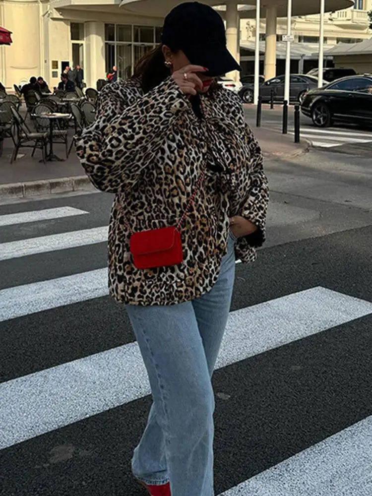 maoxiangshop - Autumn Winter Leopard Print Lace-up Padded Jacket Women Chic Long Sleeve Collarless Loose Coats 2024 New Lady Fashion Streetwear