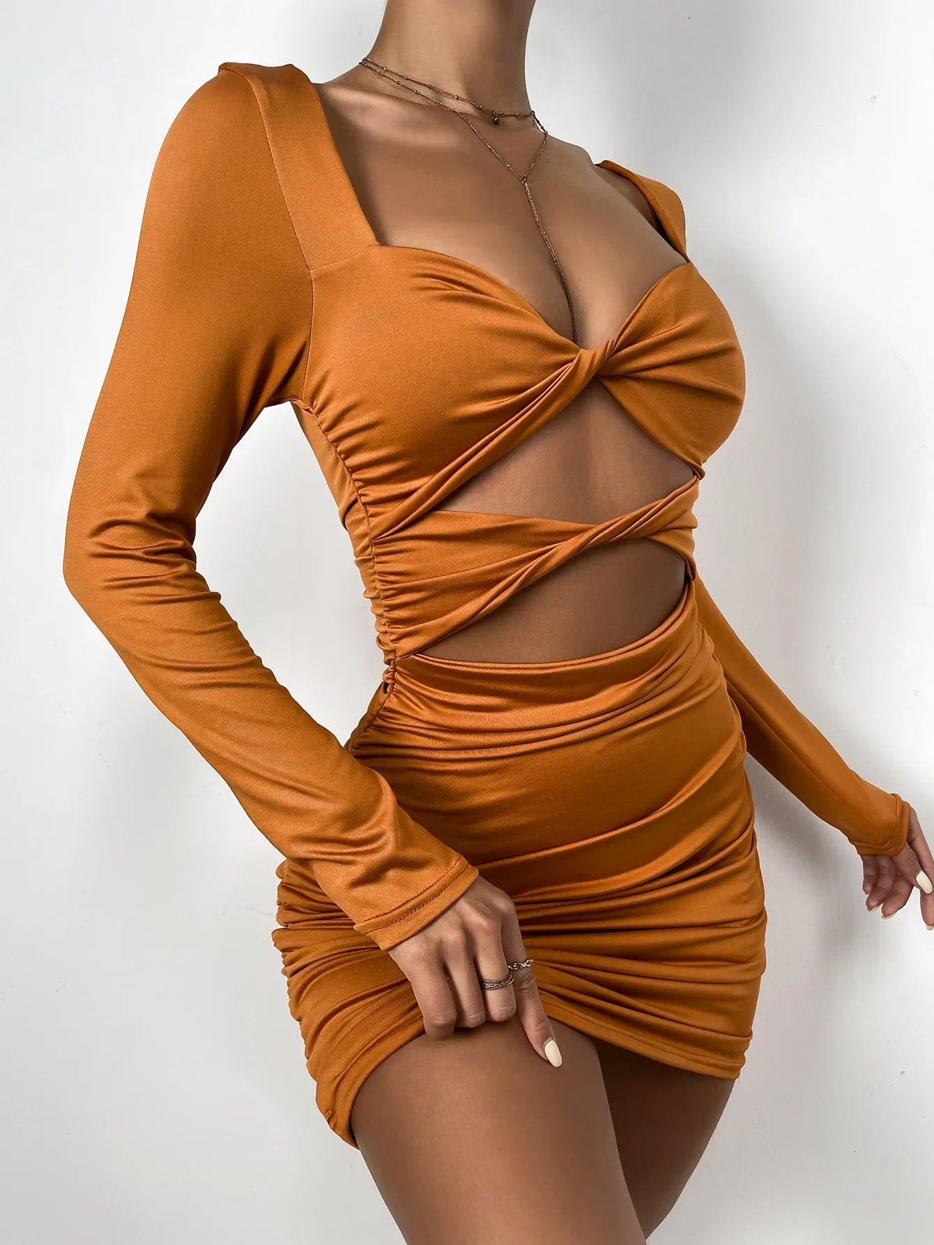 maoxiangshop Long Sleeve Deep V Neck Hollow Out Dress Women Party Bodycon Pleated Ruched Mini Dresses Soild Color