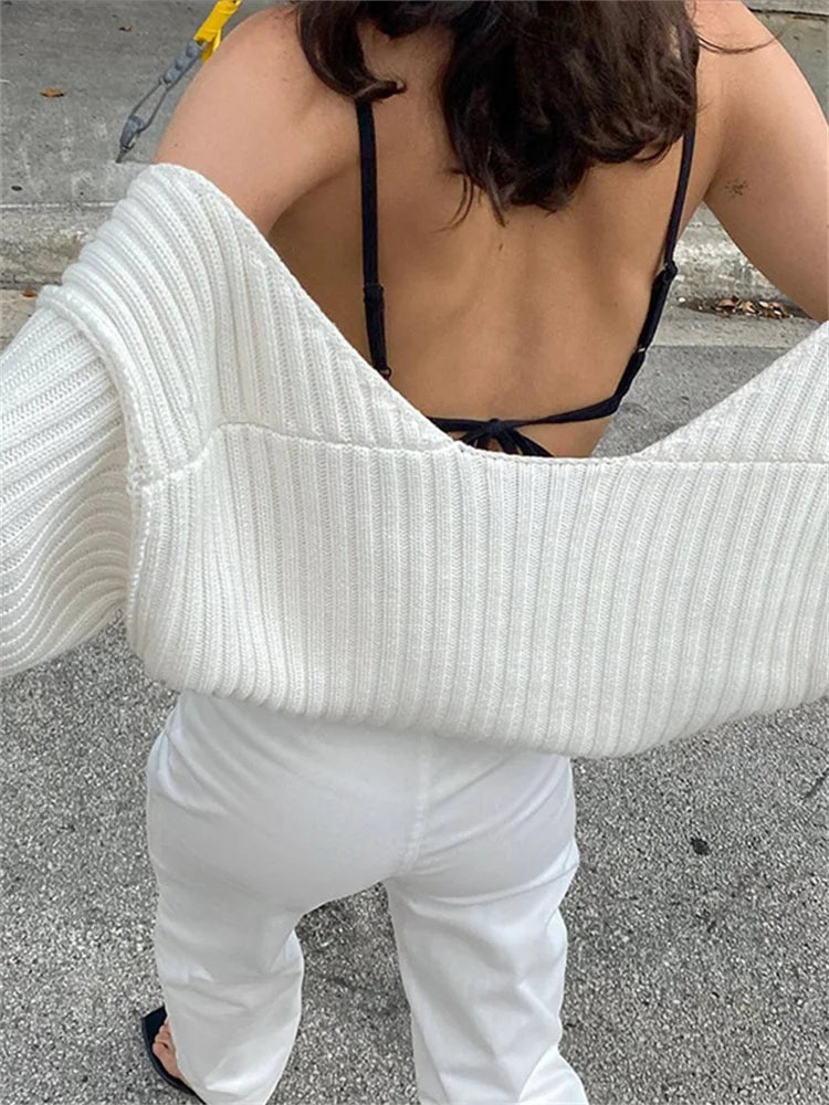 maoxiangshop-Women Ultra-short Sweater Coat Autumn Winter Long Sleeve Loose Knitted Crop Tops Solid Color Sexy Cardigan Sweaters Tops