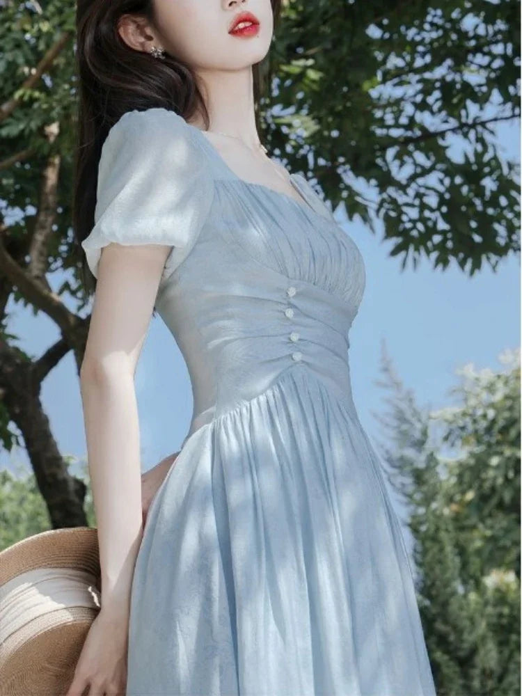 maoxiangshop Blue Fairycore Dress Women Sweet Thin Defined Midi Romantic Summer Chic French Style Square Collar Gentle New Arrival OOTD