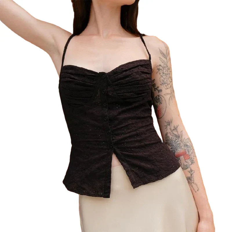 maoxiangshop-hirigin��Women Floral Hollow Crop Tops y2k Fairycore Grunge Spaghetti Strap Sleeveless Button Camisole Kawaii Tank Streetwear