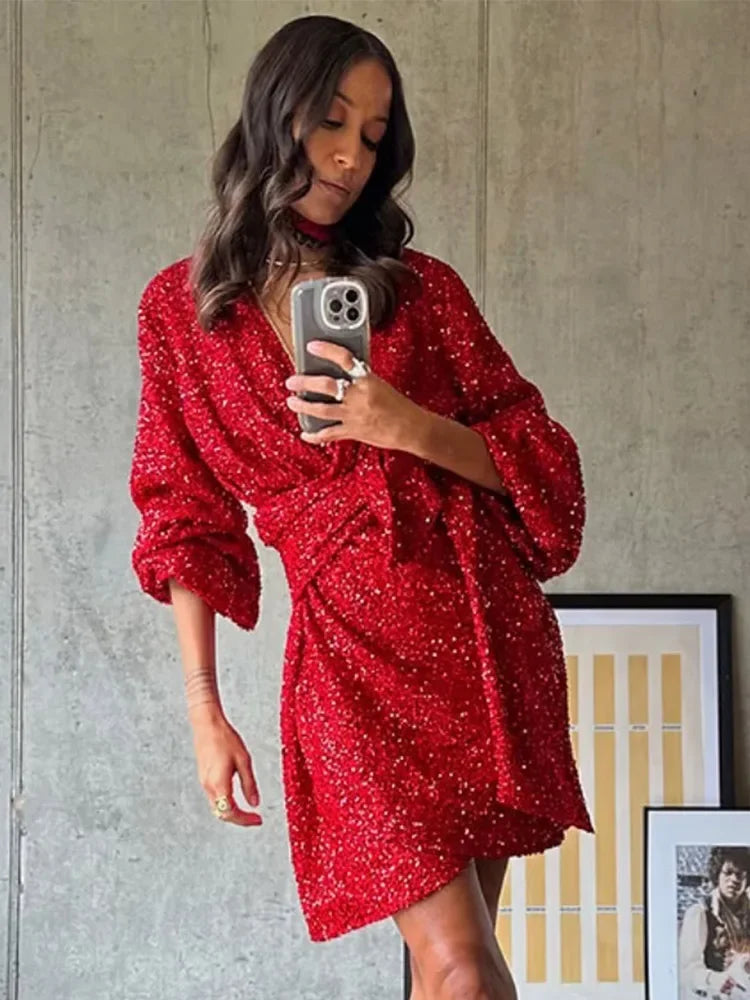 maoxiangshop - Sequin Shining Lace Up Evening Mini Dresses Women V-neck High Waist Long Sleeve Party Dresses Female 2024 Autumn Chic Gown Robe