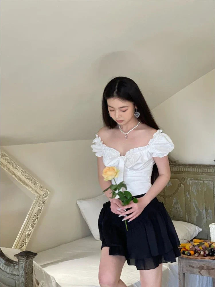maoxiangshop-Kawaii White Blouse Women Sweet Ruffles Puff Sleeve Crop Tops Summer Short Sleeve Casual High Street Korean Fashion