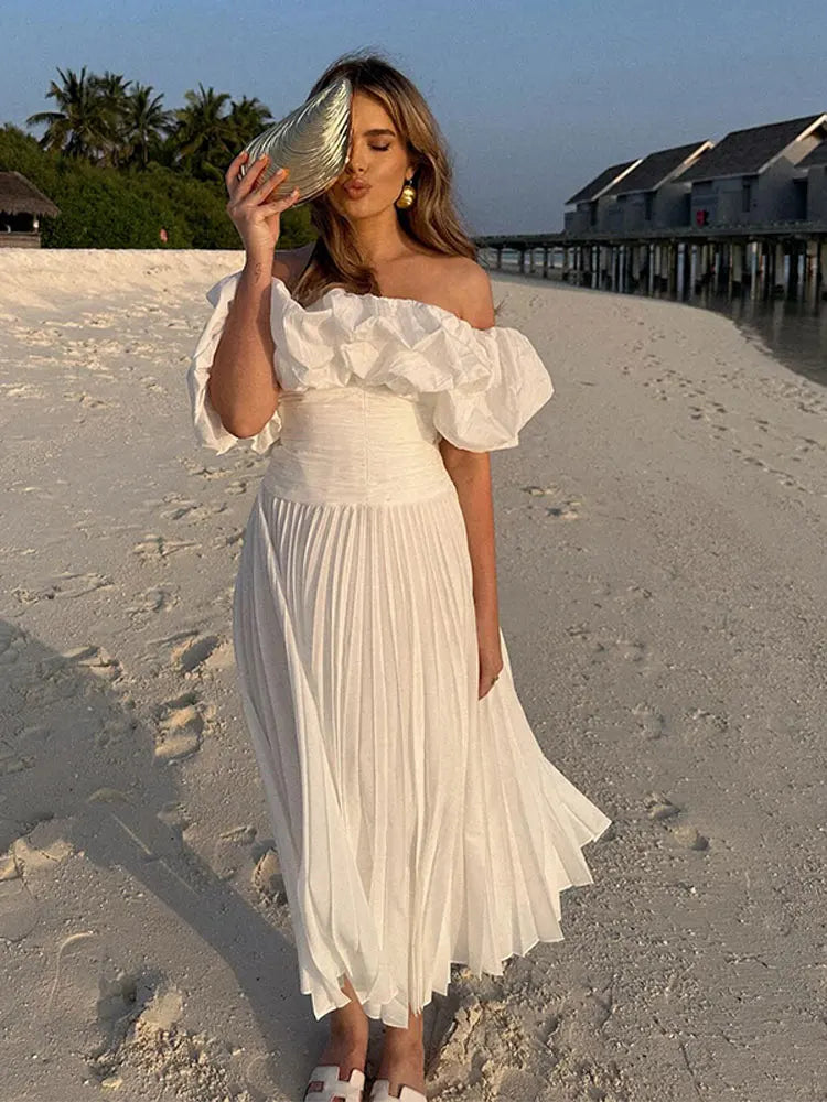 maoxiangshop - Sexy Solid Off Shoulder Pleated Maxi Dress For Women Chic Slim Fit Short Sleeve Robes Autumn Winter Party Ladies Dresses