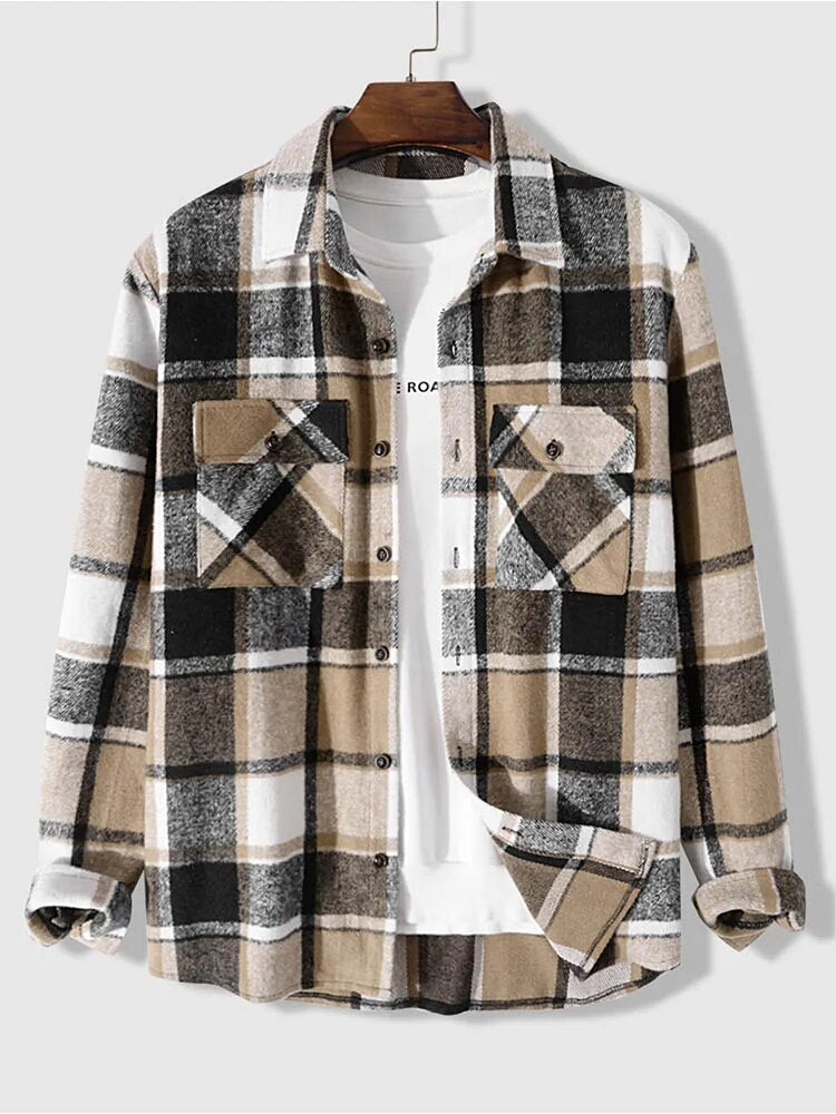 maoxiangshop Shirts for Men Flannel Long Sleeve Blouses Casual Plaid Shirts Fall Winter Shacket Streetwear Overshirt Tops with Pockets