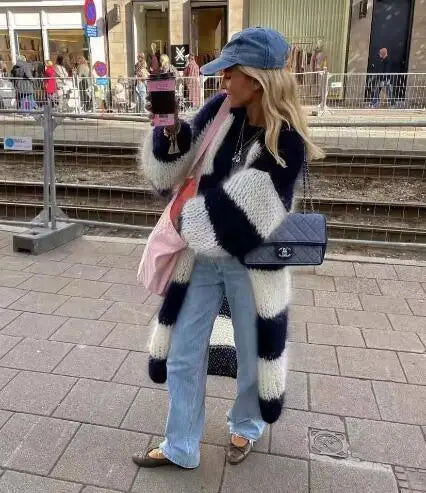 maoxiangshop - Chic Striped Knit Long Coat Women Lantern Sleeve Thicken Warm Cardigan Jacket 2024 Winter Fashion Female Street Outwears