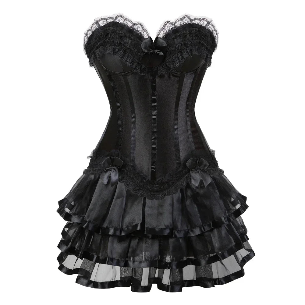 maoxiangshop - Corset Tutu Steampunk Satin Bustier Dress Burlesque Corselet Sexy Lace Up Corsage Skirt Classic Clubwear Carnival Party Costumes