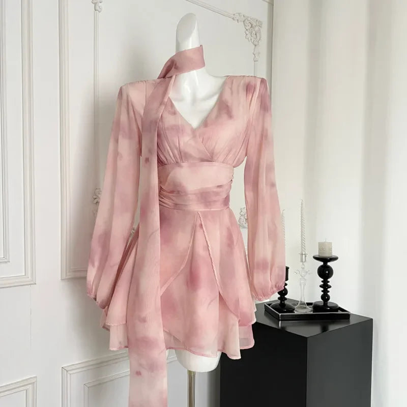 maoxiangshop - 2024 New Fall Gentle Long-sleeve Chiffon Fairy Dress Women Elegant Fashion V-Neck Sweet Dresses Holiday Printed Dress Vestidos