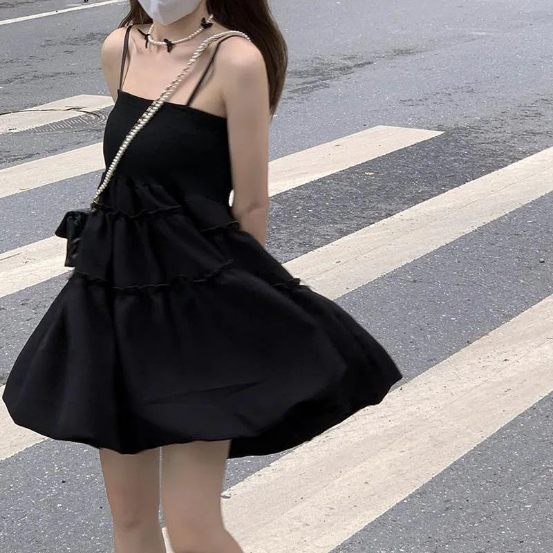 maoxiangshop Fashion All-Match Fluffy Dress Women Korean Waist-Tight Spaghetti Strap Agaric Edge Black Dresses Woman Summer Prom Gown