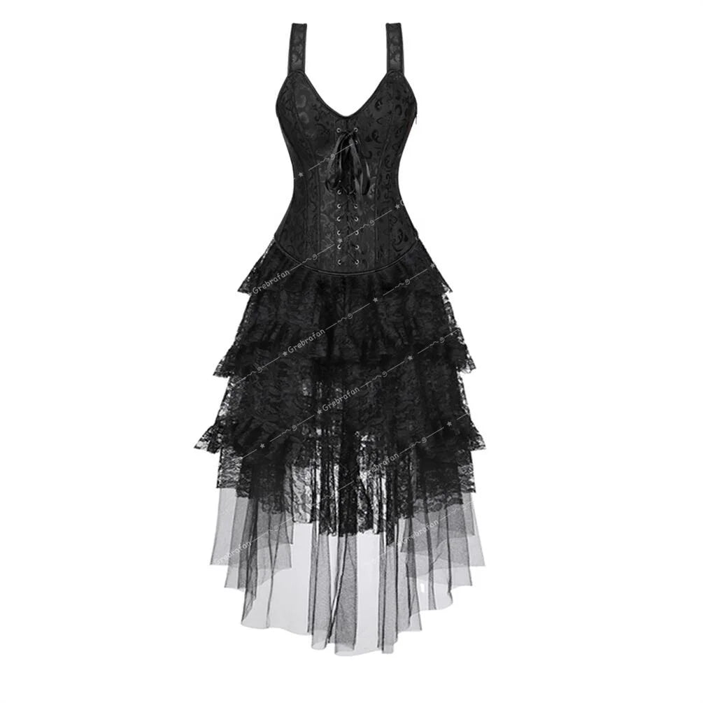 maoxiangshop - Steampunk Corset Skirt Bridal Lace Strap Bustiers with Gothic Tulle Dress Rave Outfits Evening Party Costumes Plus Size