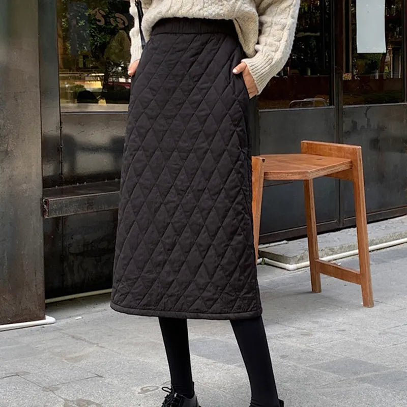 maoxiangshop Black Quilted Skirt Winter Women Pull-on Long Padded Skirt with Pocket Classic Warm Outfit