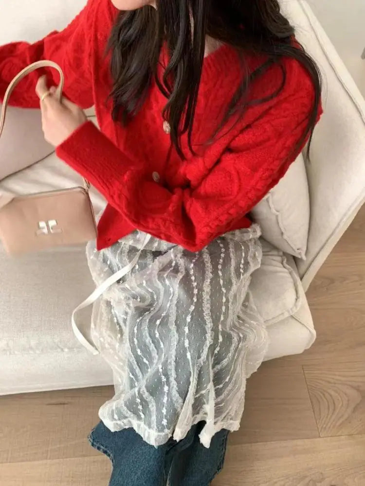 Korean Fashion New A-line Skirt Women Bottom Lace Sheer All Season Versatile Overskirt Y2k Ladies Skirts Chic