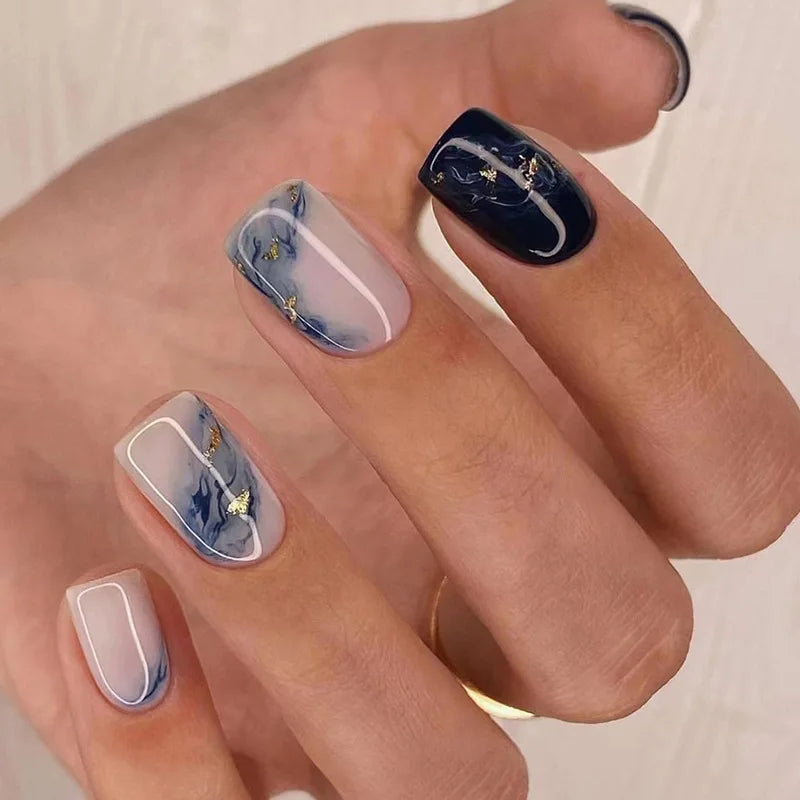 maoxiangshop 24Pcs Blue Flower False Nails Almond Cute Heart with French Design Detachable Fake Nails Artificial Press on Nails Tips Art