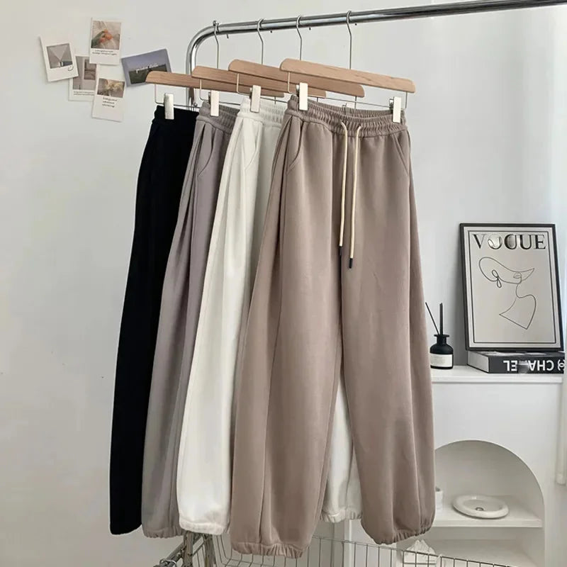maoxiangshop - 2024 Autumn New Wide Leg Pants Women Baggy Sweatpants Loose High Waisted Bound Feet Pants Lady Lace Up Casual Straight Trousers