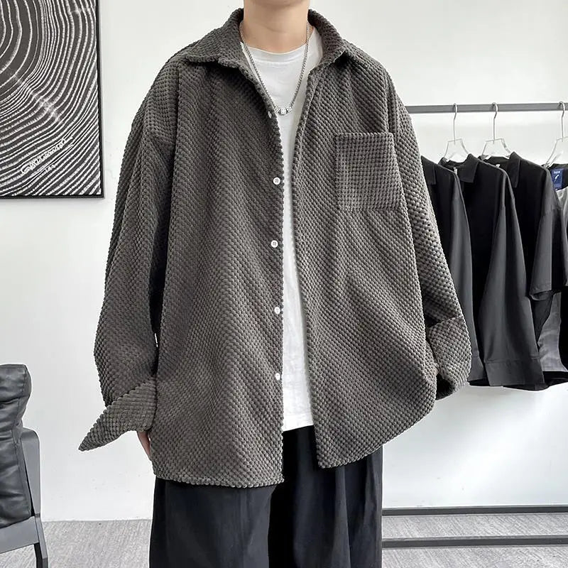 maoxiangshop New Korean Style Shirt Plus Size 5Xl-M Corduroy Shirts Men Harajuku Pineapple Cubes Mens Shirt Long Sleeve Streetwear Fashions