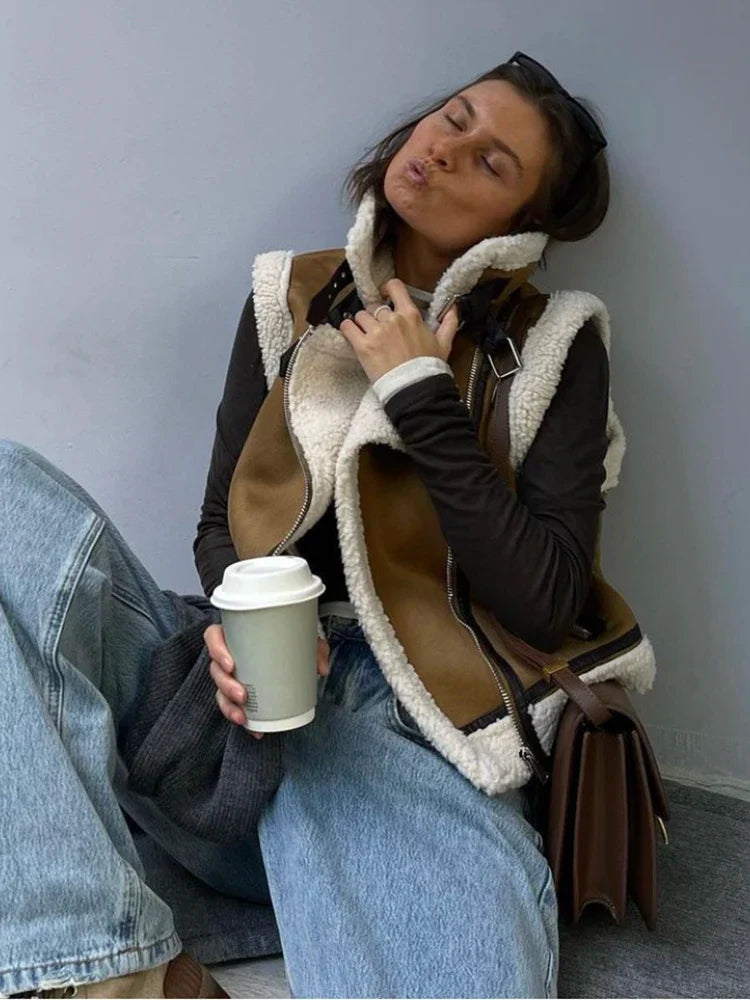 maoxiangshop - Brown Patchwork Pocket Fur Teddy Coats Autumn Sleeveless Thicken Covered Button Cardigan Vest 2023 Female Loose Street Waistcoat