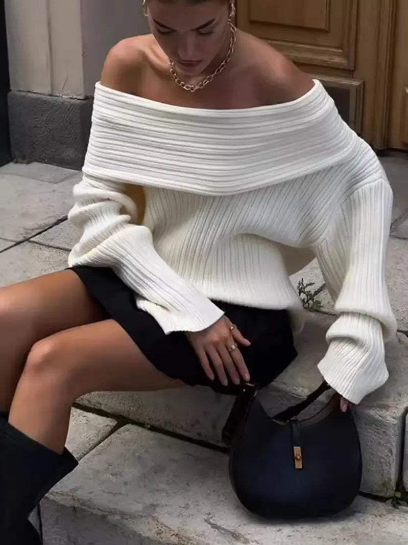 maoxiangshop - Elegant Oversize Knitted Thick Pullover Winter Fashion Slash Neck Full Sleeve Gray White Warm Women Sweater Streetwear