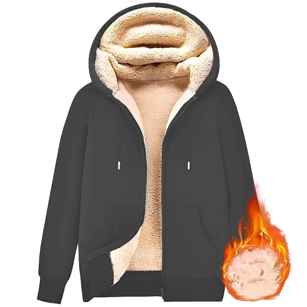 maoxiangshop Trendy Sweatshirt Coat Front Pockets Warm Zipper Lamb Wool Jacket Men and Woman Winter Pure Color Plush Lined Cardigan Hoodie