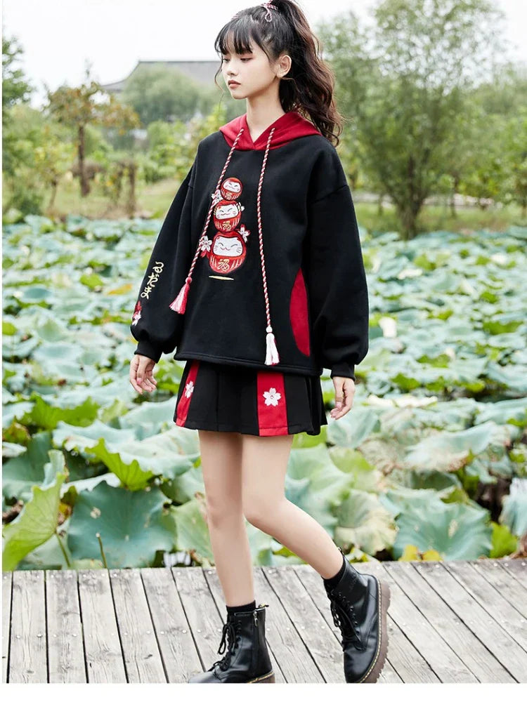 maoxiangshop Black Fleece Hooded Sweatshirt Harajuku Chinese Embroidery Oversize Pullover Hoodies Women Winter Sweet Style Female Top