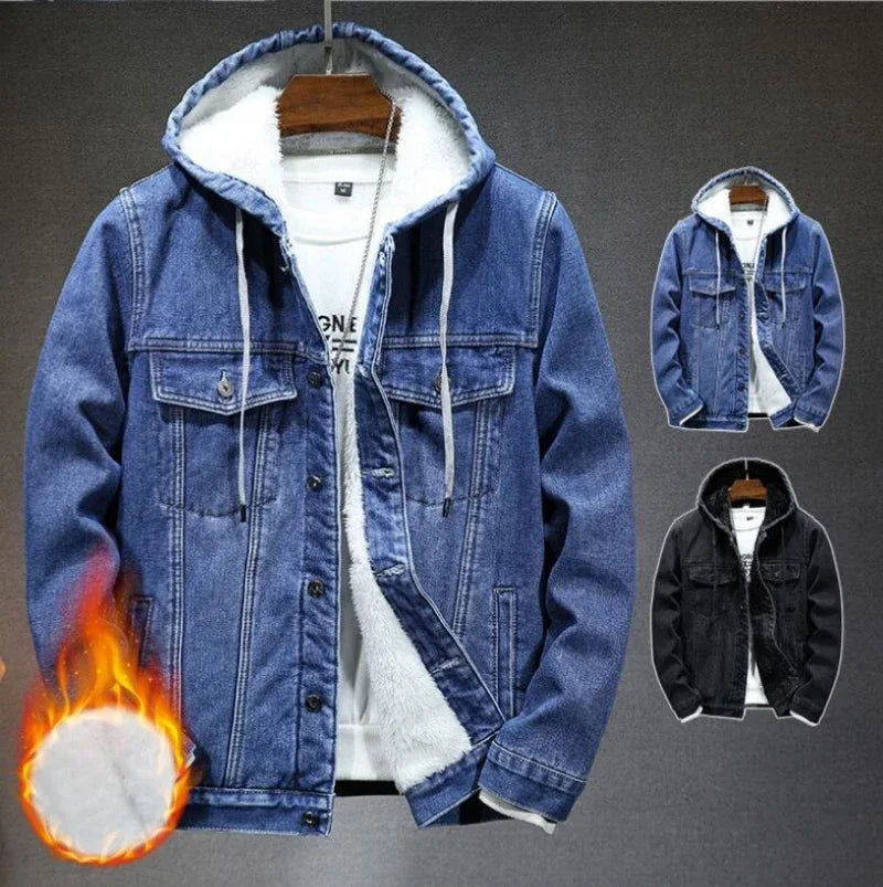 maoxiangshop New Thicker And Warmer Men's Hooded Denim Jacket Winter Lambswool Hooded And Padded Denim Jacket Size