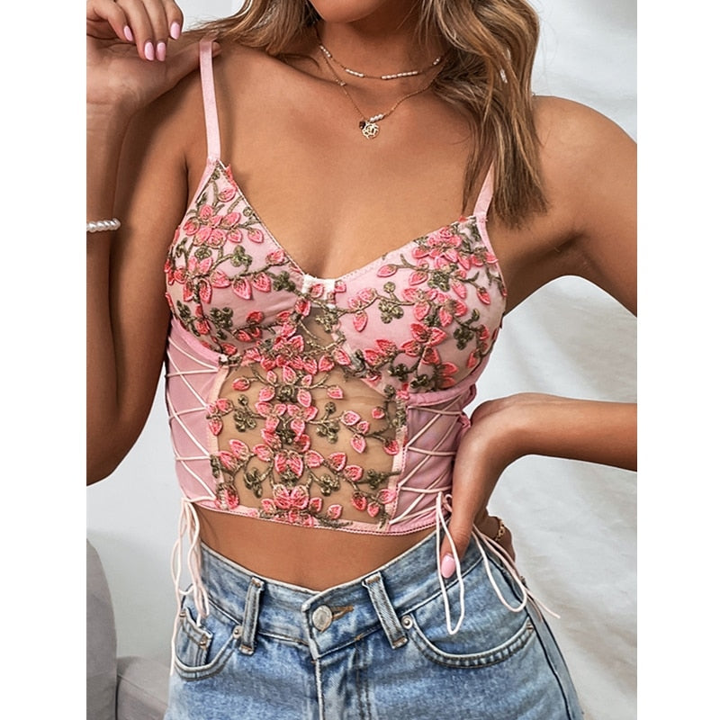 maoxiangshop Women Sexy Pink Tank Top Flower Embroidery V-neck Summer Slim Camisole Female Tie-Up Crop Tank Tops Vest Spaghetti Straps Camis