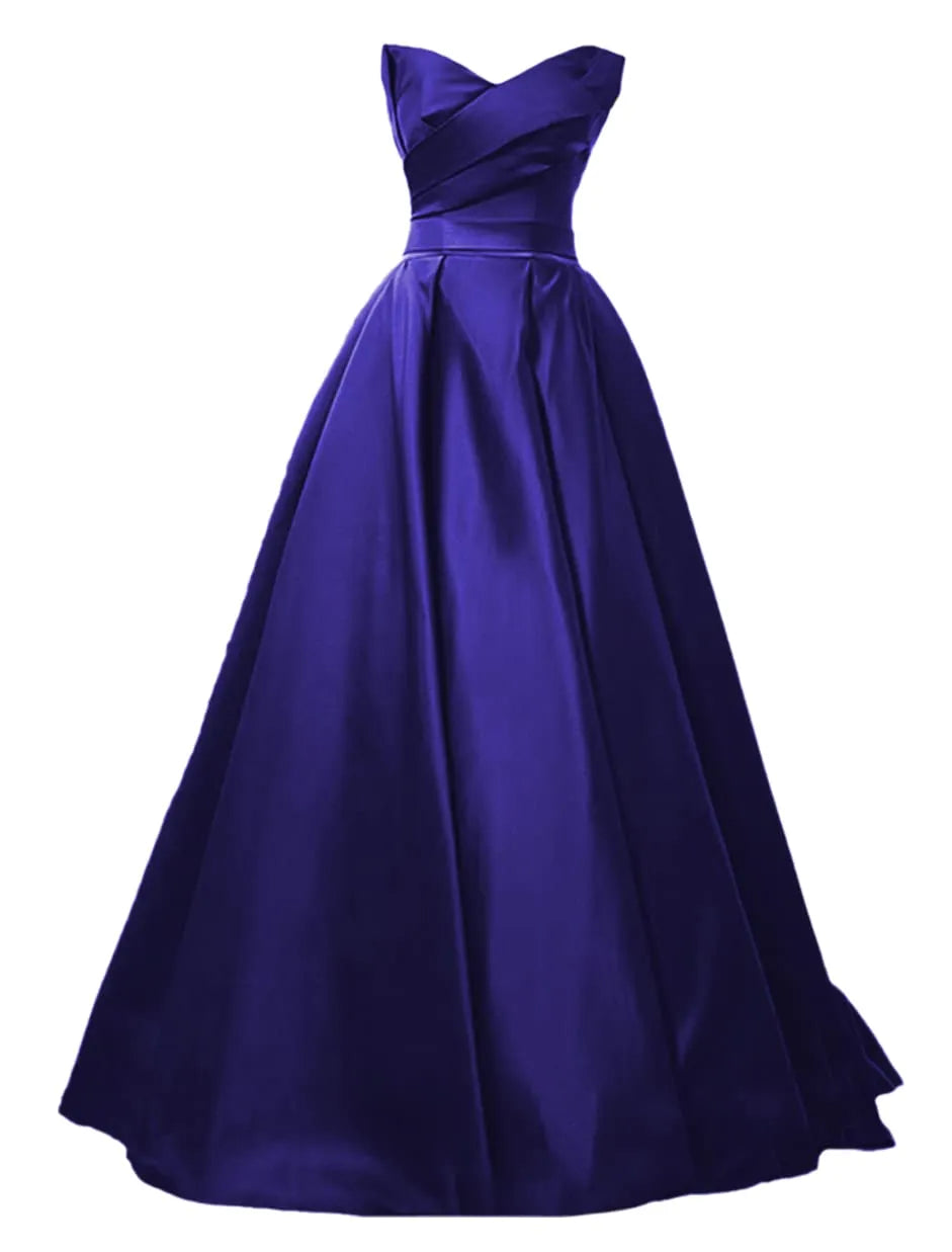 maoxiangshop Elegant A-Line Strapless Satin Evening Dresses for Women Sweetheart Neck Back Lace-up Floor Length Prom Gowns with Pleat