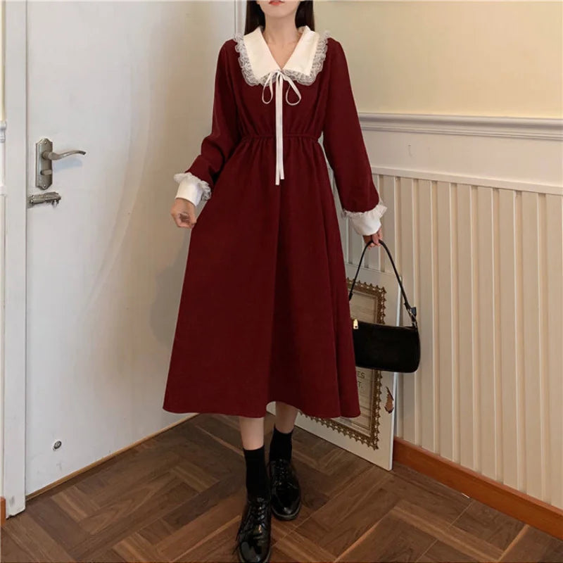 maoxiangshop New Vintage Shirt Dress Women Autumn Spring Long Sleeve Robe Kawaii Lolita Elegant Midi Dresses Korean Fashion Vestido платье